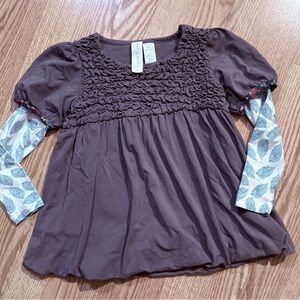 Paint by Numbers Layered Peasant Top in Chocolate Brown with Leaf Print Sleeves